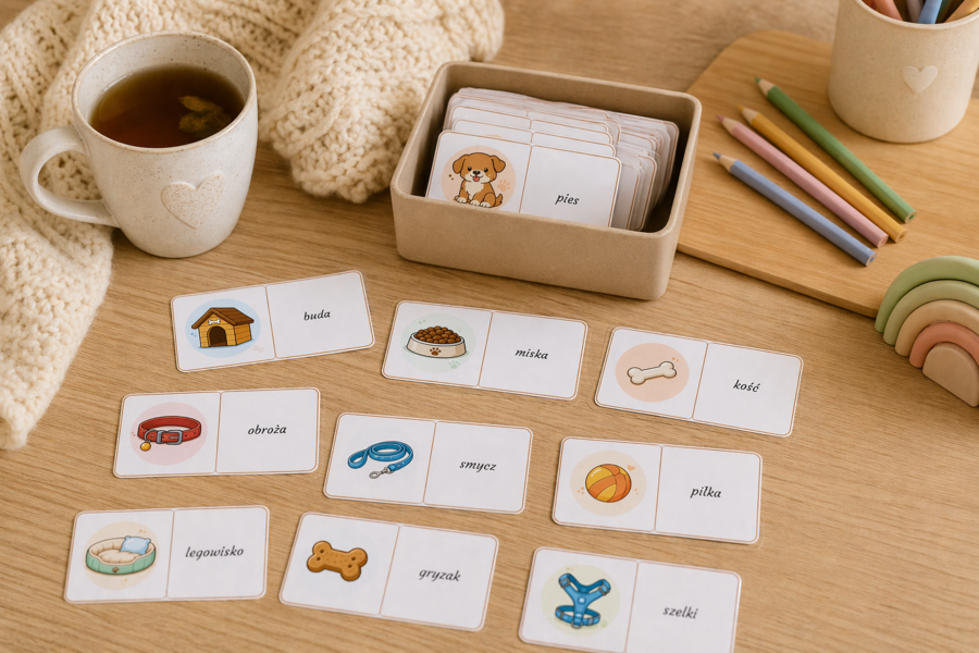 Domino obrazkowo-wyrazowe: pies i akcesoria