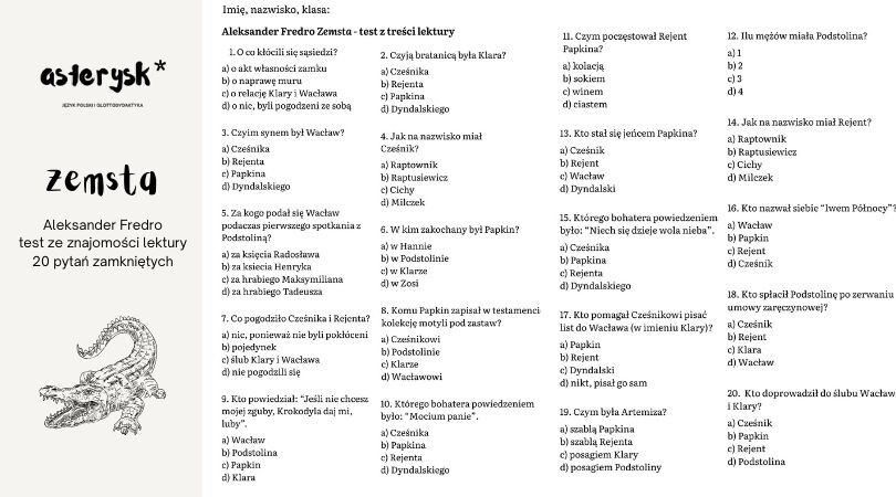 Aleksander Fredro "Zemsta" - test z treści lektury