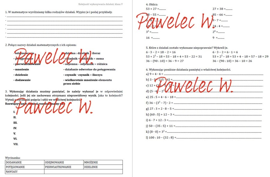 Kolejność wykonywania działań, iloraz, iloczyn, suma, różnica - karty pracy, sprawdzian, kl. 5