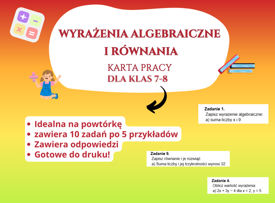 Wyrażenia algebraiczne i równania – duża karta pracy z odpowiedziami (klasy 7–8) 🧮✏️