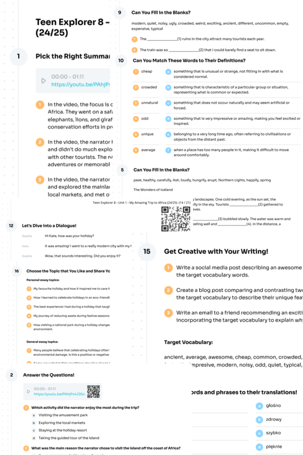 Teen Explorer 8 – Unit 1 – karta pracy – My Amazing Trip to Africa (24/25) – holiday, environment