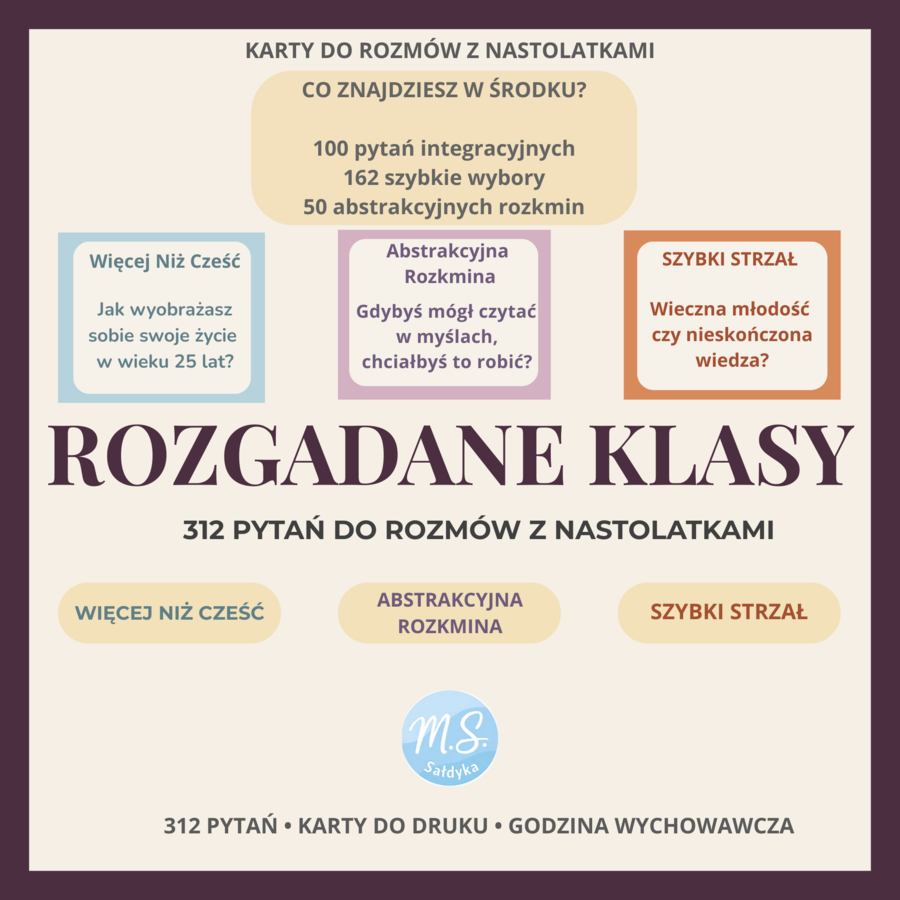 ROZGADANE KLASY – 312 pytań do rozmów z nastolatkami | Karty do druku (Icebreakery • Szybkie Strzały • Abstrakcyjna Rozkmina)