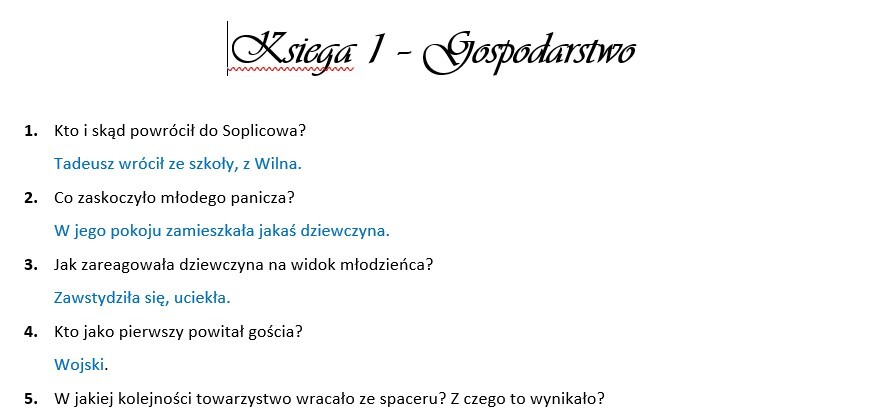 "Pan Tadeusz" - pytania do ksiąg