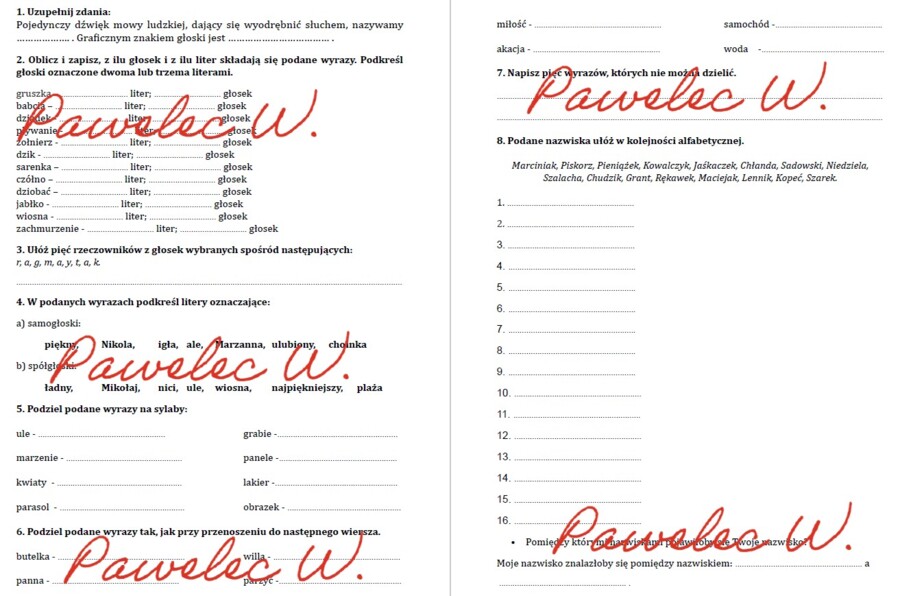Głoska, litera, alfabet, sprawdzian, karta pracy, kl. 3 i 4