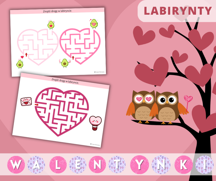 Walentynki Zestaw zadań. Puzzle. Szlaczki. Obliczenia. Labirynty. Girlanda