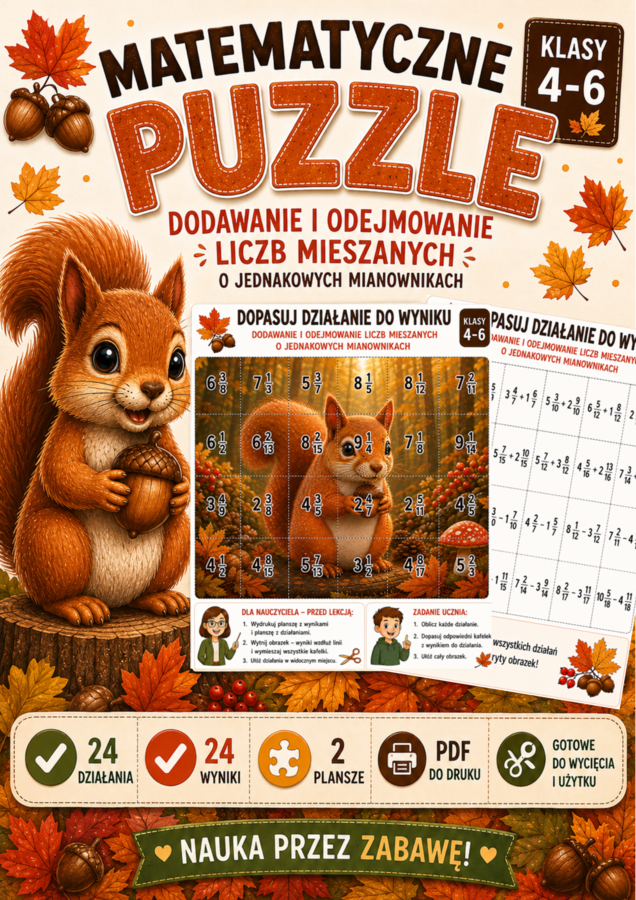 Matematyczne puzzle – dodawanie i odejmowanie liczb mieszanych o jednakowych mianownikach | klasy 4–6