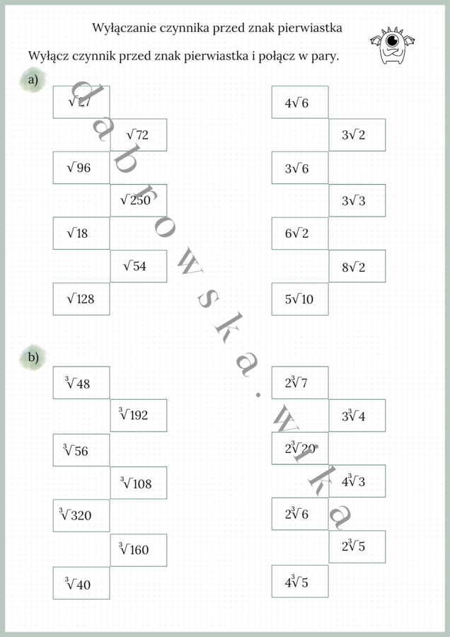 Wyłączanie czynnika przed znak pierwiastka - karta pracy