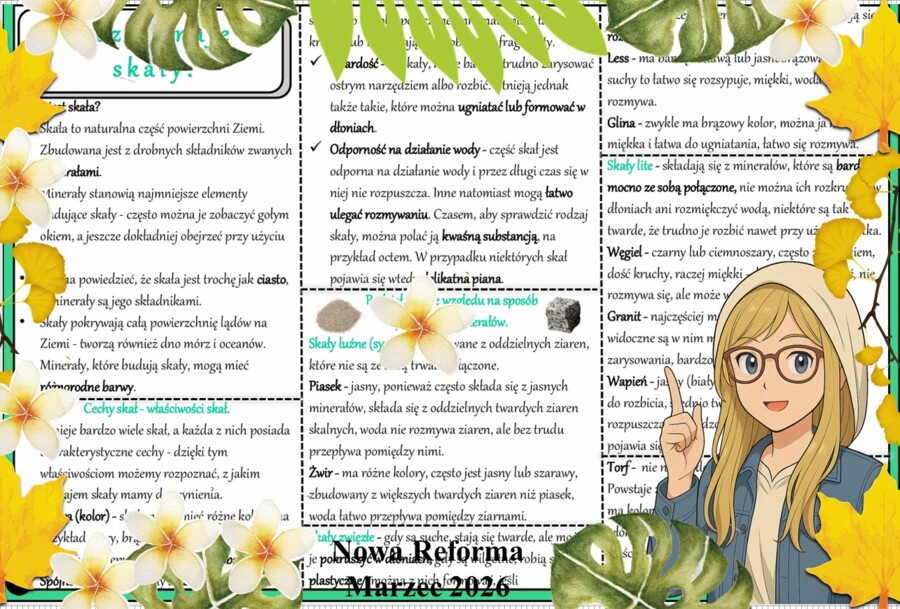 Sketchnotka/notatka - dla ucznia i przypomnienie dla nauczyciela w pdf. Temat "Rozpoznaję skały". Przyroda 4. "Odkrywam przyrodę" zgodna z wydawnictwem Nowa Era. Dział "Moja okolica".