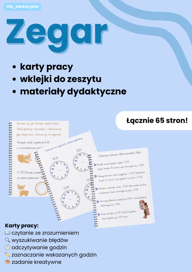 🕒 ZEGAR – odczytywanie godzin | karty pracy, wklejki i gry dydaktyczne | aż 65 stron!