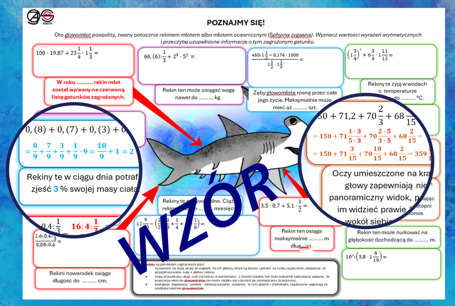 (klasa 7 klasa 8) Wyrażenia arytmetyczne z ułamkami, również z ułamkami okresowymi (z rekinem młotem).