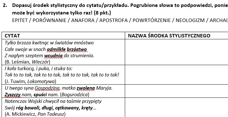 Rodzaje i gatunki literackie, środki stylistyczne - kartkówka