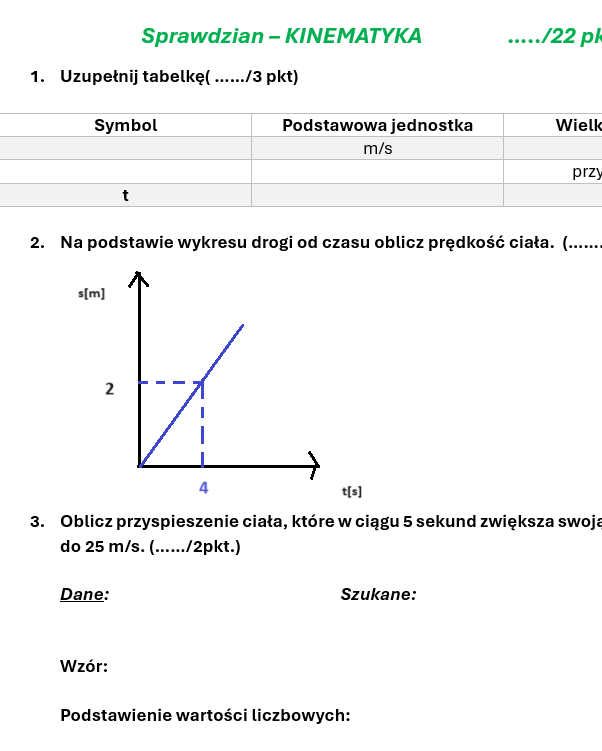 Sprawdzian/karta pracy KINEMATYKA