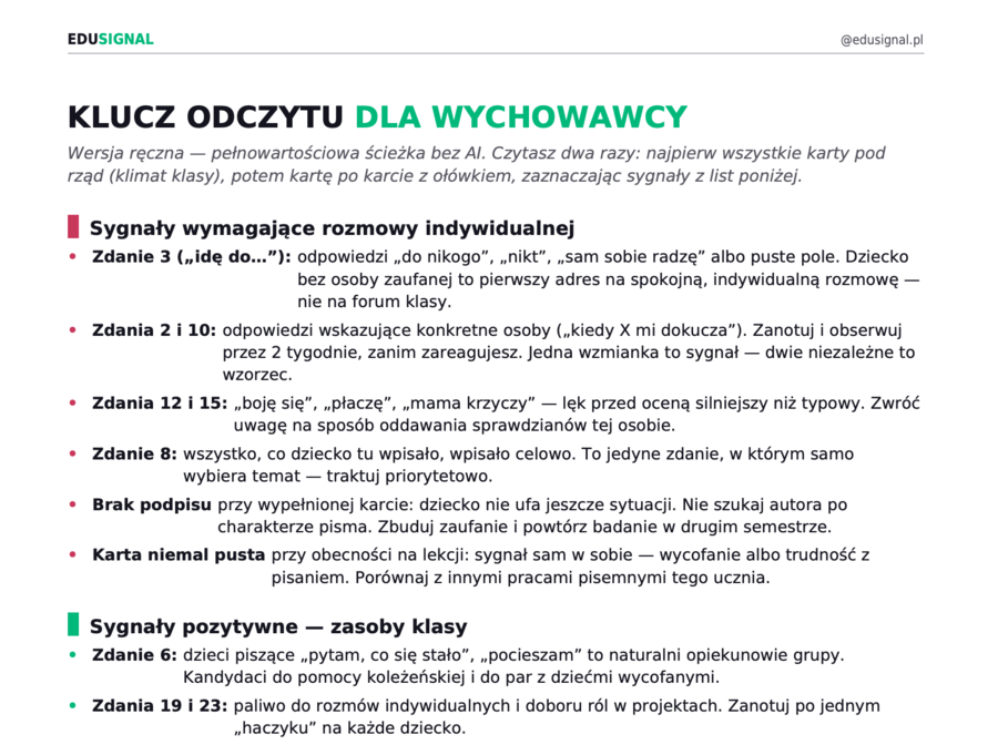 Poznaj klasę w miesiąc — karty diagnostyczne dla wychowawcy, klasa 4 (klucz odczytu + ścieżka AI)