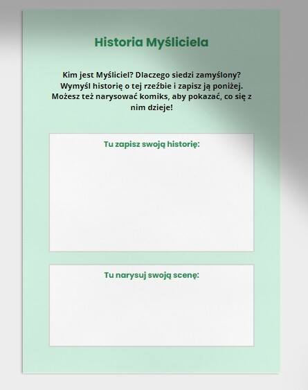 Karty z zadaniami kreatywnymi. Myśliciel (Dokończ rysunek, emocje, historia Myśliciela)