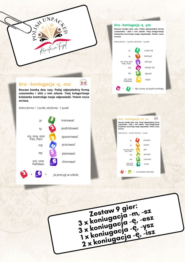 Zestaw gier wszystkie koniugacje czasownika poziom A1, język polski dla obcokrajowców