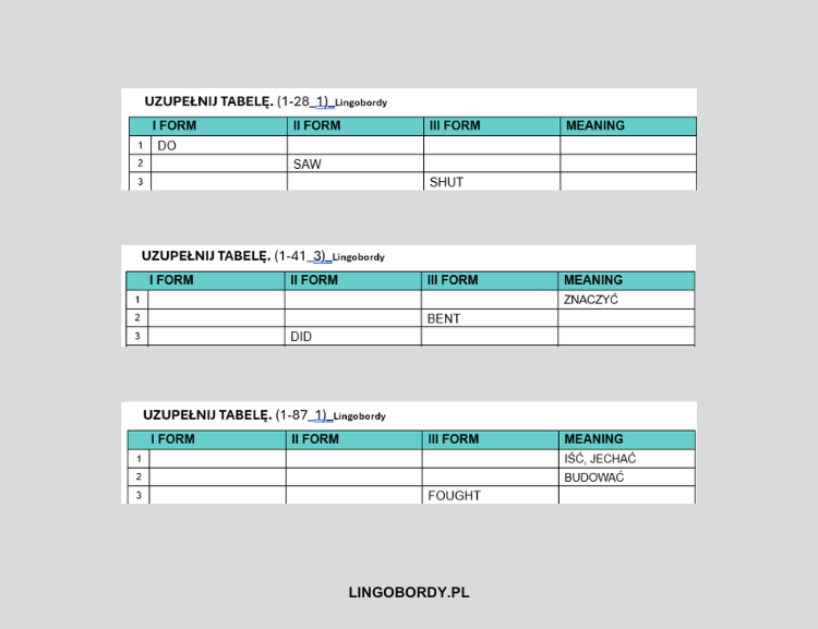 Czasowniki nieregularne w grupach 01 - Tabele do uzupełnienia i Kartkówki