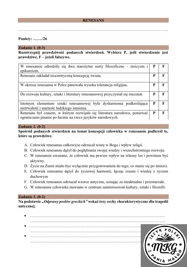 Sprawdzian przekrojowy z renesansu