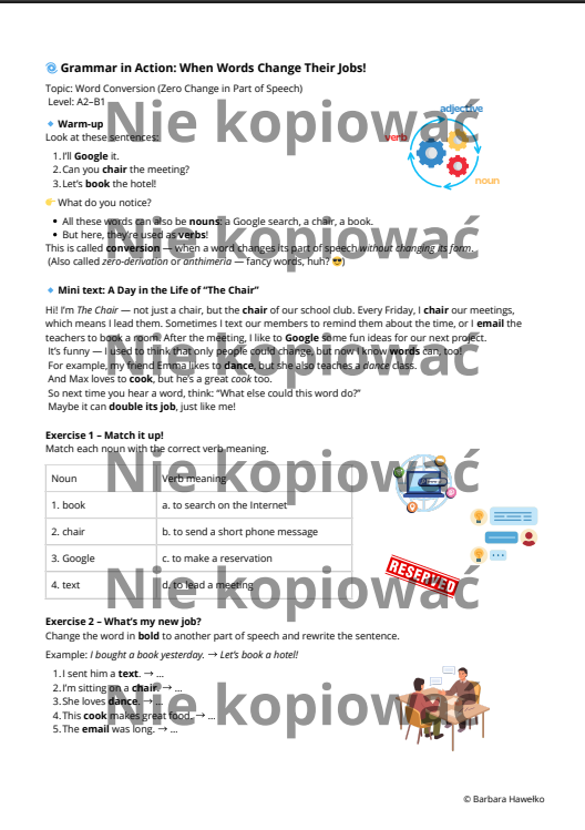 Karta pracy When Words Change Their Jobs - word conversion, z czytanką A2/B1