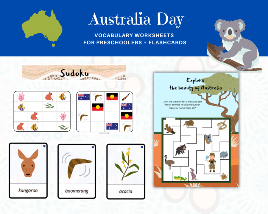 Australia Day Dzień Australii Vocabulary Worksheets Karty Pracy Język angielski Flashcards Karty Obrazkowe Zwierzęta Zerówka Przedszkolna Przedszkole Labirynt Sudoku