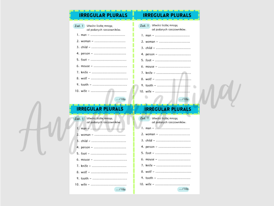 Irregular Plurals - mini karta pracy -  liczba mnoga - nieregularne - wyjątki - wklejka - kartkówka - powtórka - egzamin ósmoklasisty - matura