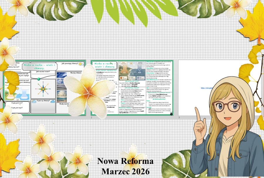 Mały zestaw na jedną lekcję: sketchnotka/notatka/przypomnienie dla nauczyciela, karta pracy plus prezentacja multimedialna „Niebo w ruchu - wiatr i chmury” w genial.ly. Przyroda "Odkrywam przyrodę". Klasa 4. Dział „Obserwuję pogodę".