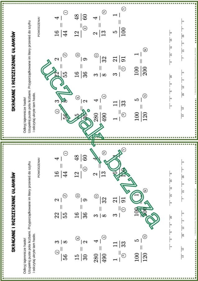 Skracanie i rozszerzanie ułamków, klasa 4, karta pracy z hasłem