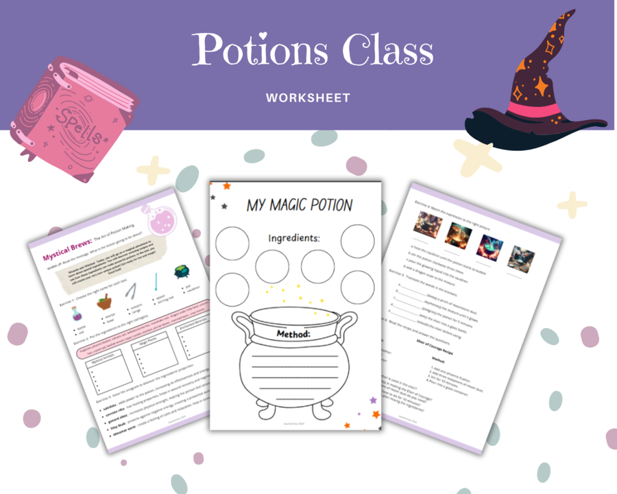 Potions Class ESL worksheet - lekcja eliksirów, magigncze składniki, narzędzia, przepis, karta pracy, ćwiczenia, język angielski