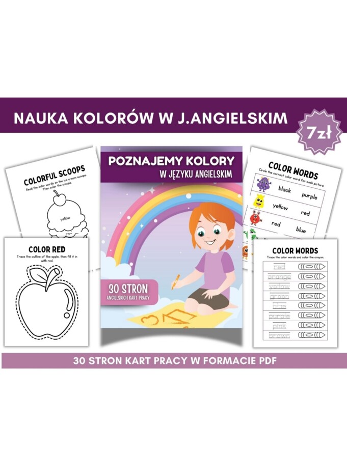 Karty pracy do nauki kolorów w języku angielskim dla dzieci! 30 stron PDF