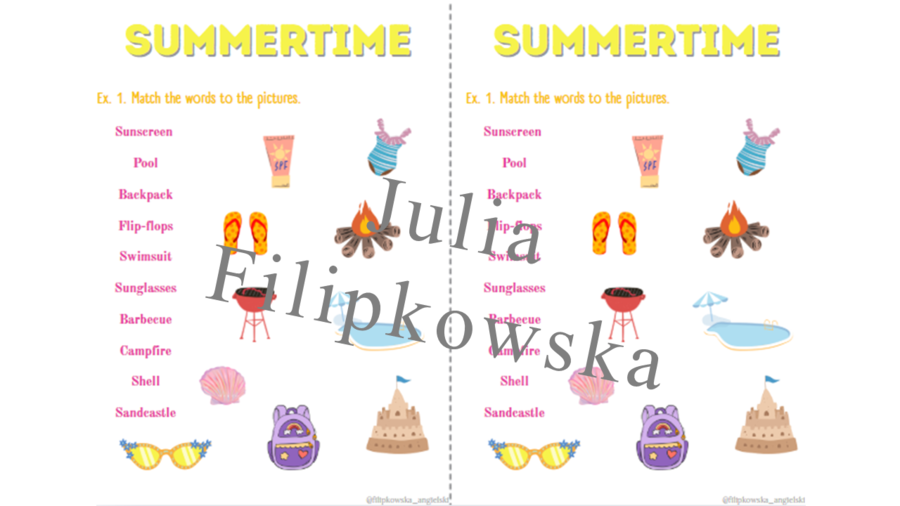 Wakacyjny zestaw zadań/ Summer holidays / karta pracy/ zadania/ słownictwo/ Klasy 1-3/ SP 1-3/ Lato / Wakacje / Dzieci/ Gotowa lekcja