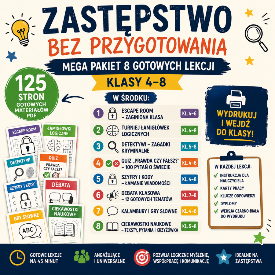 Zastępstwo bez przygotowania – MEGA PAKIET 8 gotowych lekcji (klasy 4–8) | PDF do druku