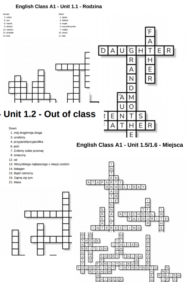 English Class A1 – Unit 1 – krzyżówki – Rodzina/Out of class/Kraje i narodowości/Miejsca