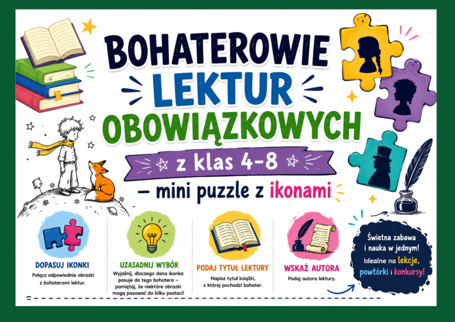 📚BOHATEROWIE LEKTUR OBOWIĄZKOWYCH – mini puzzle z ikonami – 36 szt. + karta pracy