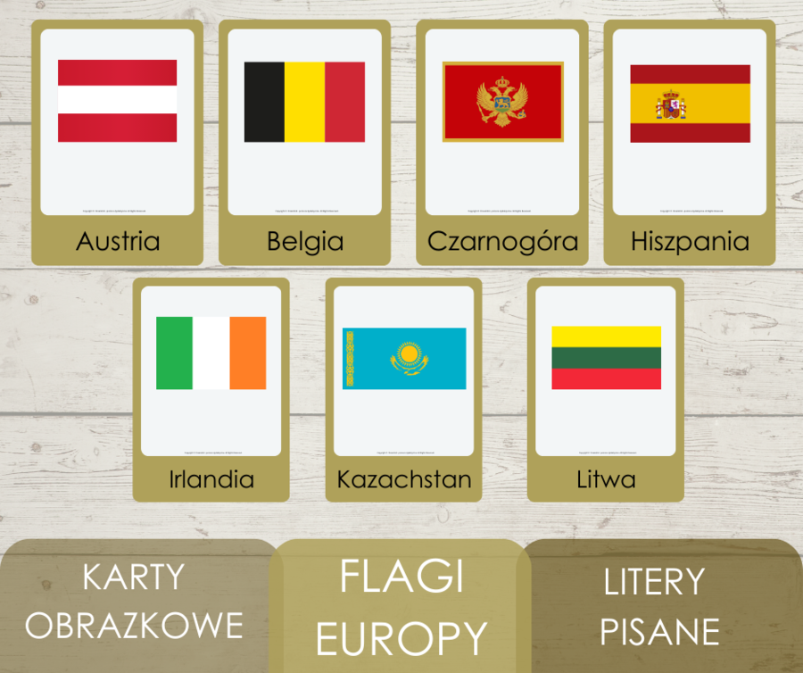 Karty obrazkowe - flagi Europy - litery pisane