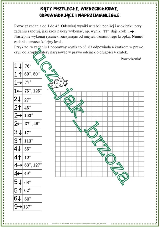 Własności kątów, kąty wierzchołkowe, przyległe, odpowiadające i naprzemianległe, karta pracy, dyktando grafomotoryczne, kodowanie, klasa 5
