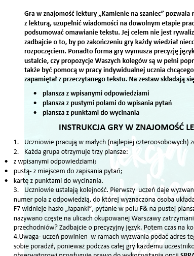KAMIENIE NA SZANIEC- GRAMY W ZNAJOMOŚĆ LEKTURY