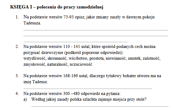 Pan Tadeusz - zadania do lektury wraz z odpowiedziami