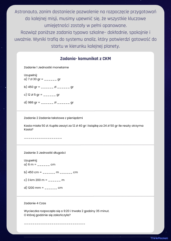 System dziesiętny, jednostki długości, masy, monetarne, kalendarz i czas | Klasy 4-6 | 5 dni zadań | Tydzień 4 misjiThinkRocket