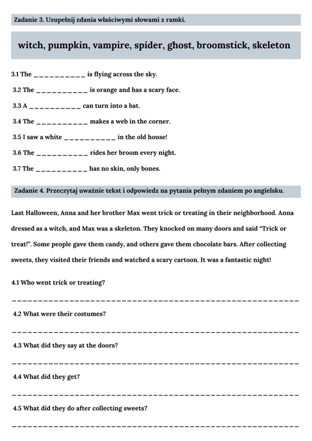 🎃👻KARTA PRACY – HALLOWEEN 🎃👻- KLASY 1-3 SZKOŁY PODSTAWOWEJ- WYKREŚLANKA, OBRAZKI, OPISZ SWOJE HALLOWEEN I KOSTIUM, CZYTANIE TEKSTU, SPEAKING + ODPOWIEDZI