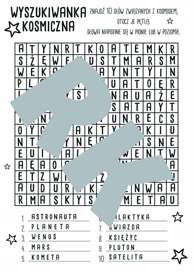 Kosmiczna wyszukiwanka. Wykreślanka.