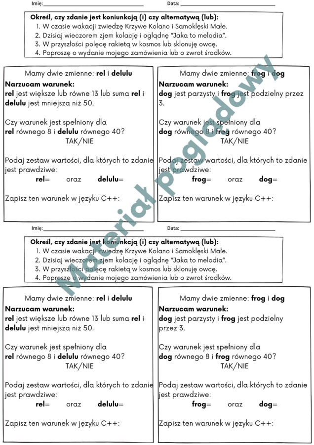 Operatory logiczne w języku C++ (karta pracy: koniunkcja i alternatywa)