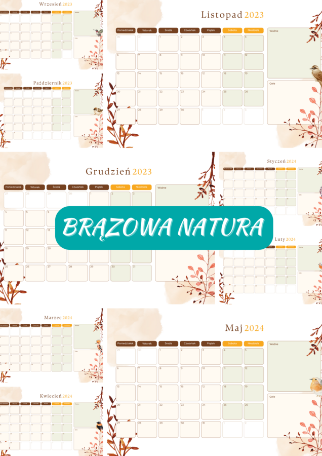 kalendarz na rok szkolny 2023/2024 - brązowa natura