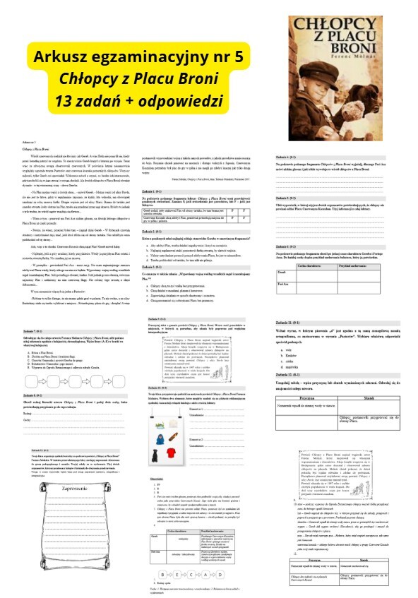 Arkusz egzaminacyjny nr 5, "Chłopcy z Placu Broni", egzamin ósmoklasisty + klucz odpowiedzi
