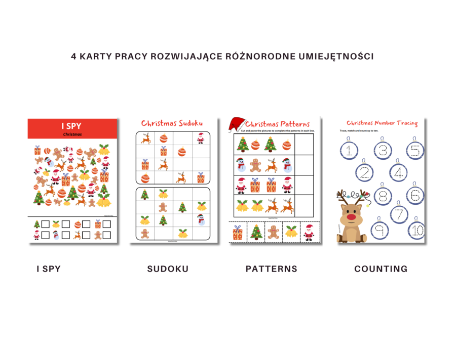 Christmas for Preschoolers Worksheet Set - Karta pracy dla przedszkolaków i uczniów zerówki do rozwijania umijętności słownictwa i logicznego myślenia, Święta Bożego Narodzenia, słownictwo, sudoku, gra I Spy, liczenie do 10, wzory, what comes next, dodat