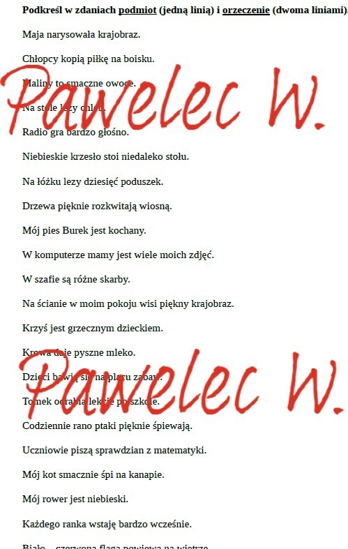 Podkreśl PODMIOT i ORZECZENIE w zdaniach - karta pracy