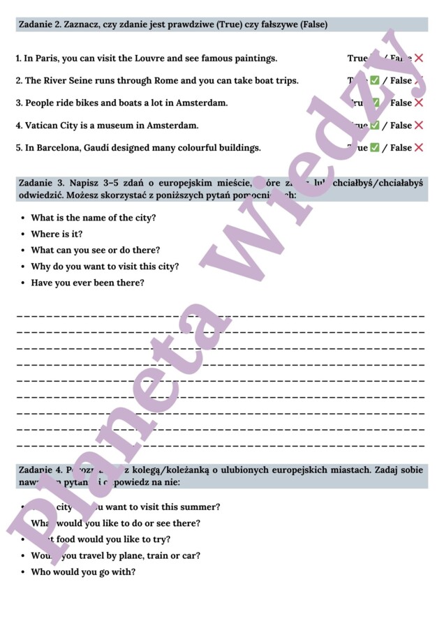 🌞WAKACYJNY QUIZ - MIASTA EUROPEJSKIE🌞 KARTA PRACY – SUMMER HOLIDAY – KLASY 4-8 SZKOŁY PODSTAWOWEJ- PODSTAWOWE FAKTY O TURYSTYCZNYCH MIASTACH/ ATRAKCJACH, TEKSTY I QUIZ WIEDZY - RZYM, BARCELONA, PARYŻ, AMSTERDAM, ATENY, PRAWDA/FAŁSZ, DYSKUSJA W PARACH + O