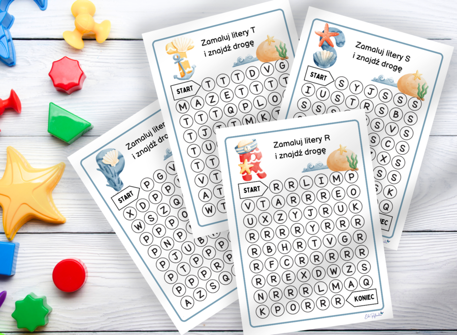 ALFABET - ZNAJDŹ DROGĘ - LITERY 23 kart pracy, rozpoznawanie liter, motoryka mała, grafomotoryka, labirynt, karta pracy, zerówka, klasa 1,