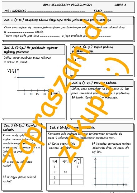 Ruch jednostajny prostoliniowy - kartkówka, karta pracy