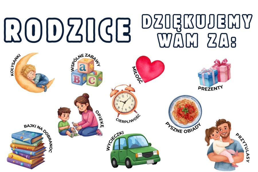 Gazetka szkolna „Rodzice – Dziękujemy Wam za…” | Dzień Matki i Ojca | dekoracja PDF do druku | dodatkowe elementy dekoracyjne