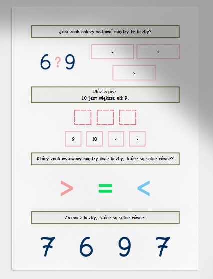 Porównywanie liczb w zakresie do 10. Karta pracy. Sprawdzian