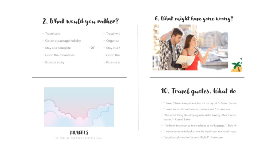 Travels, podróże, konwersajce, speaking, vocabulary, B1, B2, C1, gotowa lekcja, lekcja online, materiały dydaktyczne